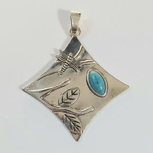 Large Square Silver And Turquoise Pendant With Dragonfly